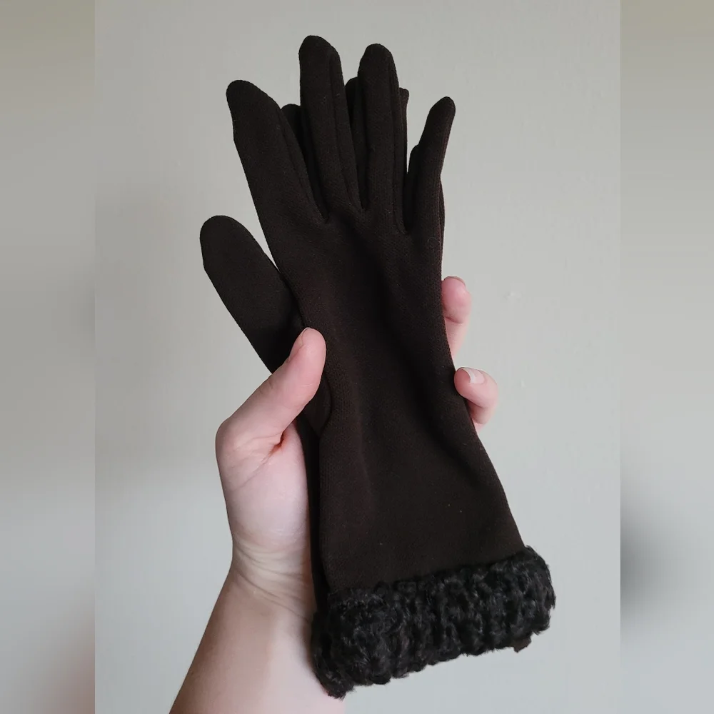 Vintage Handmade Stretch Gloves with Trim, Chocolate Brown